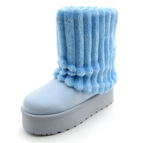 Women Winter BABY BLUE Fuzzy Faux Fur Lined Calf High Boots 2 inch Sole - Picture 2 of 3